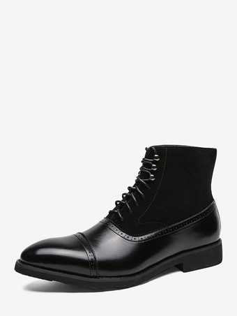 ブラック メンズドレスブーツ ポインテッドトゥ オックスフォードスタイル レースアップ スエードレザー アンクルブーツ