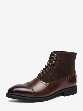 ブラウン メンズドレスブーツ ポインテッドトゥ オックスフォードスタイル レースアップ スエードレザー アンクルブーツ