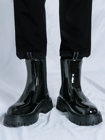 メンズ プラットフォーム チェルシーブーツ ラウンドトゥ チャンキーソール 光沢パテントレザー スリッポン アンクルブーツ