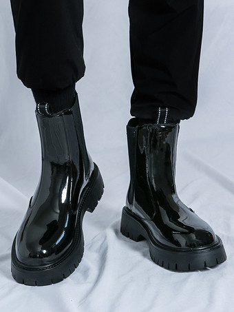 メンズ プラットフォーム チェルシーブーツ ラウンドトゥ チャンキーソール 光沢パテントレザー スリッポン アンクルブーツ