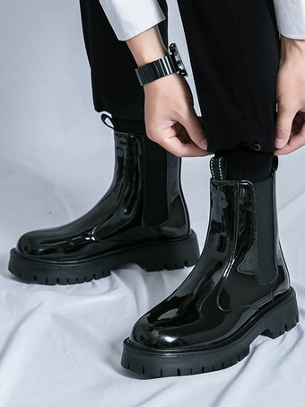 メンズ プラットフォーム チェルシーブーツ ラウンドトゥ チャンキーソール 光沢パテントレザー スリッポン アンクルブーツ