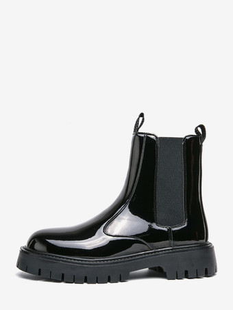 メンズ プラットフォーム チェルシーブーツ ラウンドトゥ チャンキーソール 光沢パテントレザー スリッポン アンクルブーツ