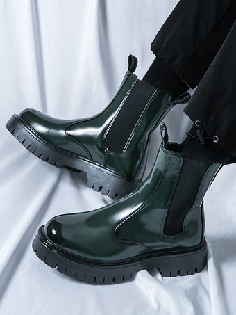 メンズ プラットフォーム チェルシーブーツ ラウンドトゥ チャンキーソール 光沢パテントレザー スリッポン アンクルブーツ