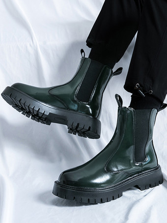 メンズ プラットフォーム チェルシーブーツ ラウンドトゥ チャンキーソール 光沢パテントレザー スリッポン アンクルブーツ