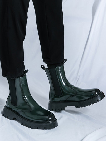 メンズ プラットフォーム チェルシーブーツ ラウンドトゥ チャンキーソール 光沢パテントレザー スリッポン アンクルブーツ