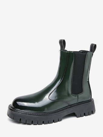 グリーン メンズ プラットフォーム チェルシーブーツ ラウンドトゥ チャンキーソール 光沢パテントレザー スリッポン アンクルブーツ