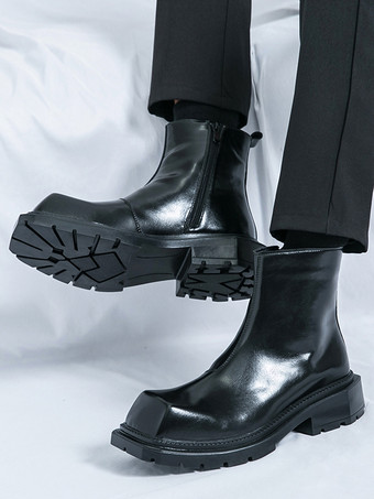 メンズ スクエアトゥ アンクルブーツ 滑り止め プラットフォームソール 頑丈 アウトドア 冬用 ショートブーツ