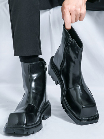 メンズ スクエアトゥ アンクルブーツ 滑り止め プラットフォームソール 頑丈 アウトドア 冬用 ショートブーツ