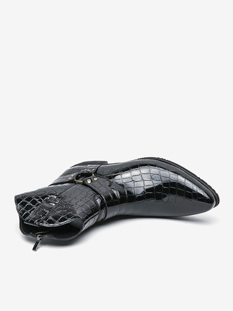 メンズ クロコダイルプリント カウボーイブーツ ポインテッドトゥ ローヒール ショートブーツ