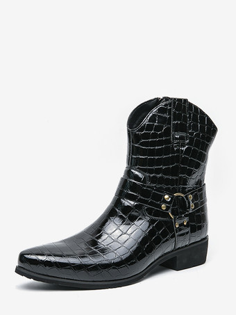 ブラック メンズ クロコダイルプリント カウボーイブーツ ポインテッドトゥ ローヒール ショートブーツ