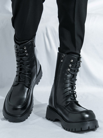 メンズドレスブーツ ブラントトゥ チャンキーソール レースアップ フォーマルショートブーツ