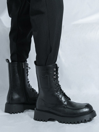 メンズドレスブーツ ブラントトゥ チャンキーソール レースアップ フォーマルショートブーツ