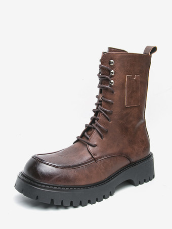 ブラウン メンズドレスブーツ ブラントトゥ チャンキーソール レースアップ フォーマルショートブーツ