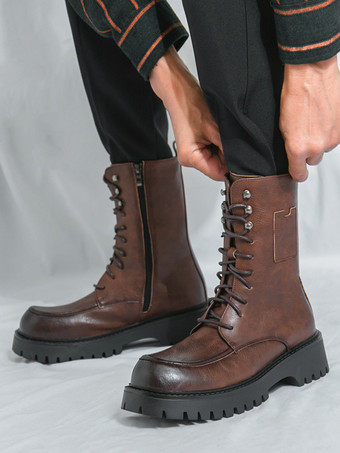 メンズドレスブーツ ブラントトゥ チャンキーソール レースアップ フォーマルショートブーツ