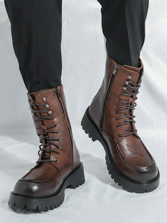 メンズドレスブーツ ブラントトゥ チャンキーソール レースアップ フォーマルショートブーツ