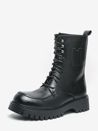 ブラック メンズドレスブーツ ブラントトゥ チャンキーソール レースアップ フォーマルショートブーツ