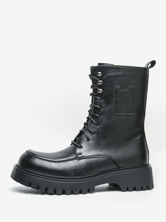 メンズドレスブーツ ブラントトゥ チャンキーソール レースアップ フォーマルショートブーツ