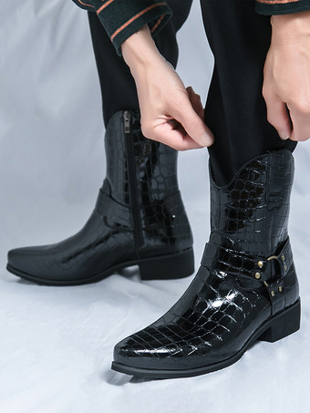 メンズ クロコダイルプリント カウボーイブーツ ポインテッドトゥ ローヒール ショートブーツ