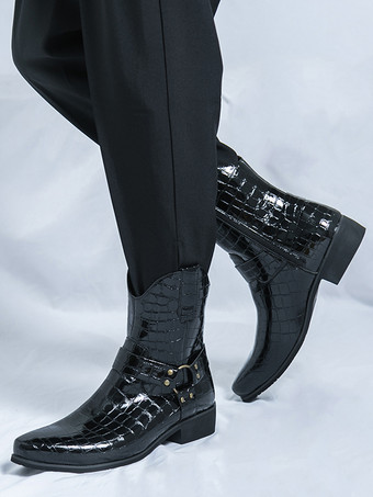 メンズ クロコダイルプリント カウボーイブーツ ポインテッドトゥ ローヒール ショートブーツ