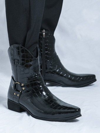メンズ クロコダイルプリント カウボーイブーツ ポインテッドトゥ ローヒール ショートブーツ