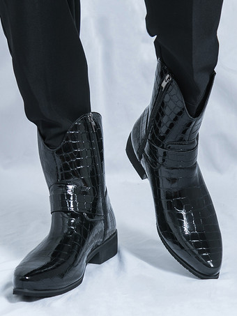 メンズ クロコダイルプリント カウボーイブーツ ポインテッドトゥ ローヒール ショートブーツ