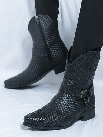 メンズ カウボーイブーツ ポインテッドトゥ ローヒール 編み込みレザー アンクルブーツ