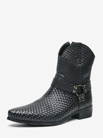 ブラック メンズ カウボーイブーツ ポインテッドトゥ ローヒール 編み込みレザー アンクルブーツ