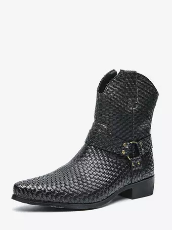 靴 Hand made Pointed toe leaher boots Mens Cowboy Boots Pointed Toe Low Heel Woven Leather Ankle Boots