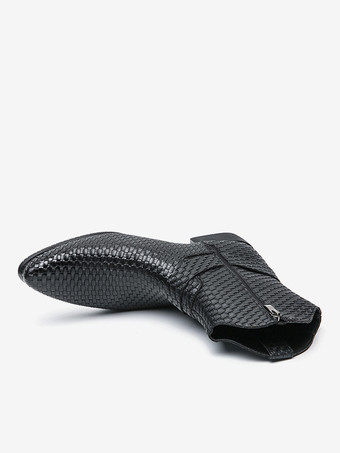 メンズ カウボーイブーツ ポインテッドトゥ ローヒール 編み込みレザー アンクルブーツ