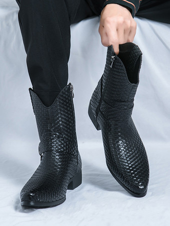 メンズ カウボーイブーツ ポインテッドトゥ ローヒール 編み込みレザー アンクルブーツ