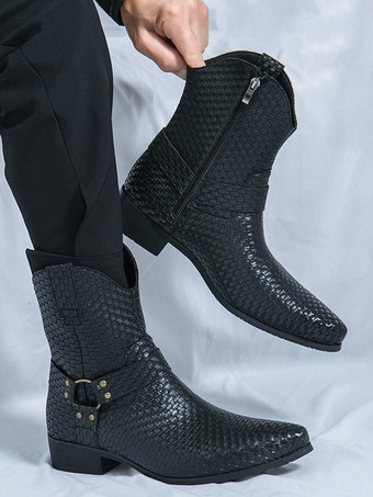 メンズ カウボーイブーツ ポインテッドトゥ ローヒール 編み込みレザー アンクルブーツ