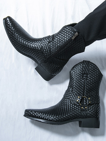 メンズ カウボーイブーツ ポインテッドトゥ ローヒール 編み込みレザー アンクルブーツ