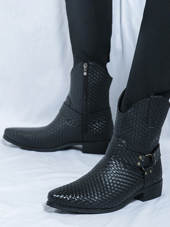 メンズ カウボーイブーツ ポインテッドトゥ ローヒール 編み込みレザー アンクルブーツ