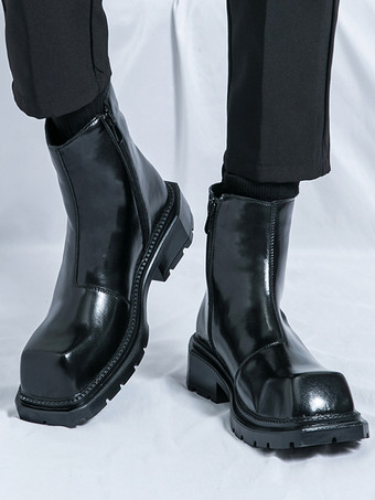 メンズ スクエアトゥ アンクルブーツ 滑り止め プラットフォームソール 頑丈 アウトドア 冬用 ショートブーツ