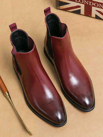 メンズ ワインレッド チェルシーブーツ ポインテッドトゥ ローヒール 伸縮性のあるアンクルブーツ ドレスカジュアル スリッポン