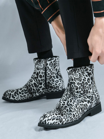 メンズ アンクルブーツ ラウンドトゥ ローブロックヒール ヒョウ柄 カジュアルシューズ
