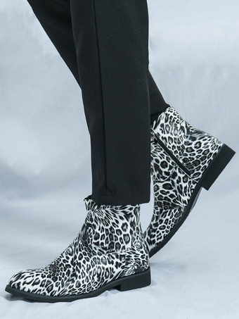 メンズ アンクルブーツ ラウンドトゥ ローブロックヒール ヒョウ柄 カジュアルシューズ