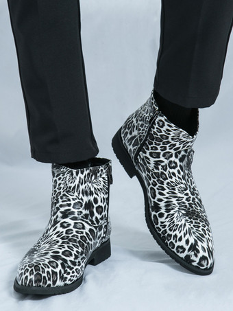 メンズ アンクルブーツ ラウンドトゥ ローブロックヒール ヒョウ柄 カジュアルシューズ