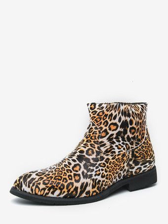ヒョウ柄メンズ アンクルブーツ ラウンドトゥ ローブロックヒール ヒョウ柄 カジュアルシューズ