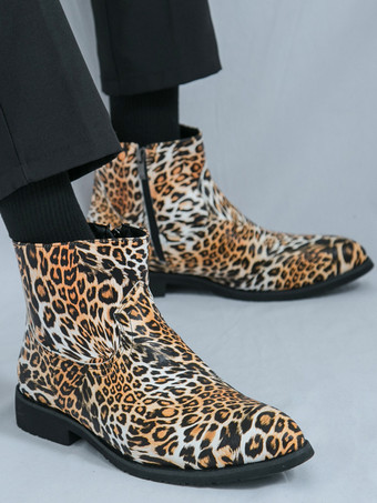 メンズ アンクルブーツ ラウンドトゥ ローブロックヒール ヒョウ柄 カジュアルシューズ