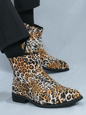 メンズ アンクルブーツ ラウンドトゥ ローブロックヒール ヒョウ柄 カジュアルシューズ