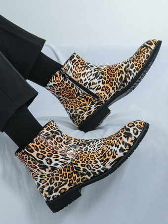 メンズ アンクルブーツ ラウンドトゥ ローブロックヒール ヒョウ柄 カジュアルシューズ