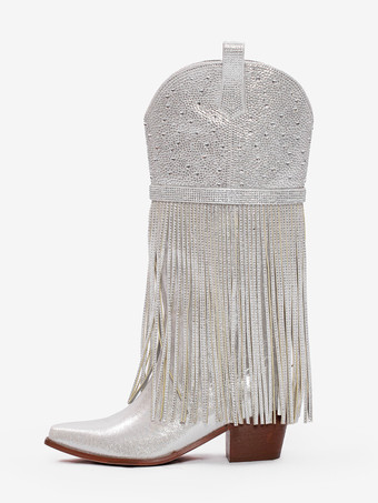 シルバーニーハイブーツ、ポインテッドトゥ、ラインストーン、チャンキーヒール、タッセル付きウエスタンブーツ