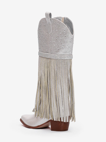 シルバーニーハイブーツ、ポインテッドトゥ、ラインストーン、チャンキーヒール、タッセル付きウエスタンブーツ