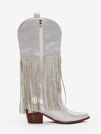 シルバーニーハイブーツ、ポインテッドトゥ、ラインストーン、チャンキーヒール、タッセル付きウエスタンブーツ