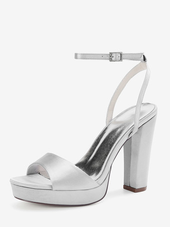 シルバー サテンウェディングシューズ アイボリープラットフォーム オープントゥ ハイヒール ウェディングゲストシューズ