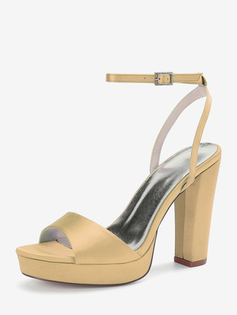 ゴールド サテンウェディングシューズ アイボリープラットフォーム オープントゥ ハイヒール ウェディングゲストシューズ