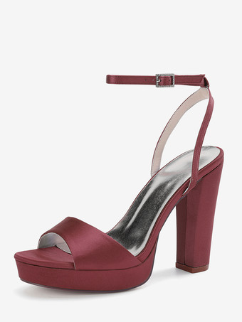 ワインレッド サテンウェディングシューズ アイボリープラットフォーム オープントゥ ハイヒール ウェディングゲストシューズ