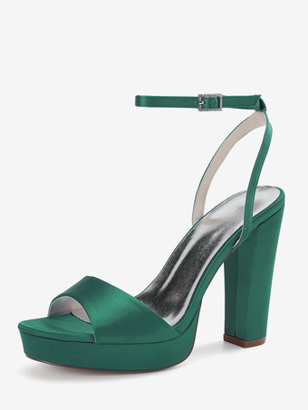 グリーン サテンウェディングシューズ アイボリープラットフォーム オープントゥ ハイヒール ウェディングゲストシューズ