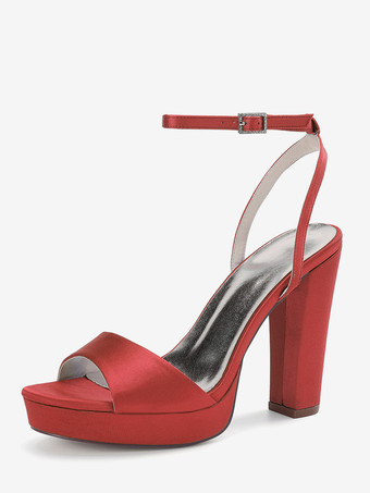 レッド サテンウェディングシューズ アイボリープラットフォーム オープントゥ ハイヒール ウェディングゲストシューズ